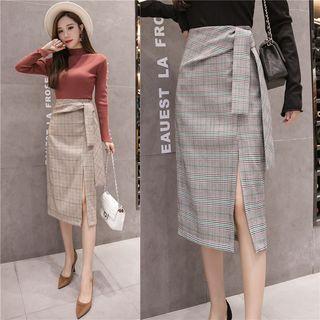 Tie-waist Midi Plaid Skirt