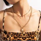 Lock & Heart Pendant Alloy Layered Choker Necklace 17504 - Gold - One Size