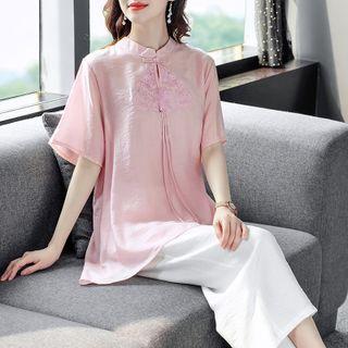 Set: Short-sleeve Mandarin-neck Top + Wide-leg Pants