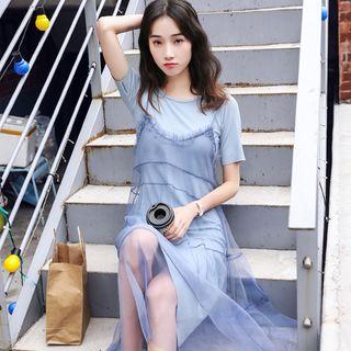 Set: Short-sleeve Midi T-shirt Dress + Spaghetti Strap Dress