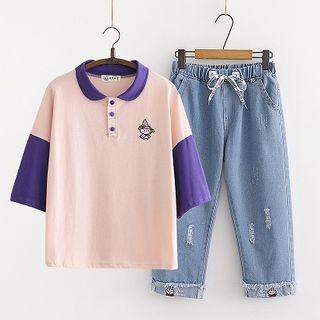 Embroidered Short-sleeve T-shirt / Cropped Jeans / Set