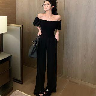 Wood Ear Trim Off-shoulder Jumpsuit Black - One Size