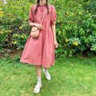 Short-sleeve Tie-neck Frill Trim Midi A-line Dress