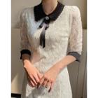 Contrast-collar Lace Dress With Brooch