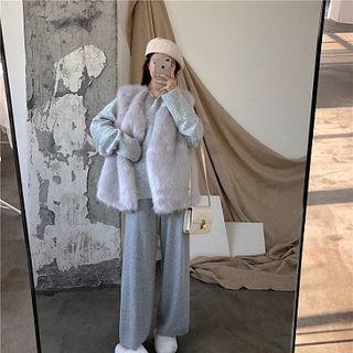 Faux Fur Vest / V-neck Sweater / Wide-leg Knit Pants