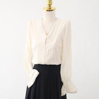 V-neck Plain Lace Chiffon Button-up Shirt