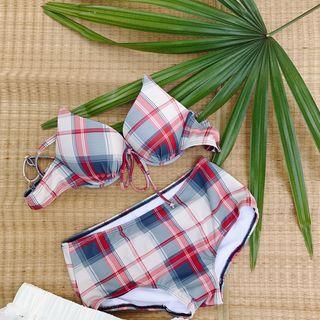 Set Of 3: Check Short-sleeve Top + Bikini + Lace Shorts