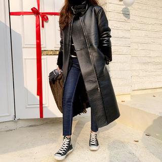 Buckled-neck Faux-leather Coat