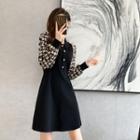 Puff-sleeve Houndstooth Panel Knit Dress