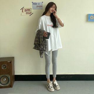 Short-sleeve Lettering Ribbed T-shirt
