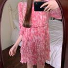 Short-sleeve Print Pleated Dress Pink - One Size