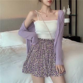 Long-sleeve Plain Cardigan / Plain Camisole / High-waist Floral Pleated Skirt