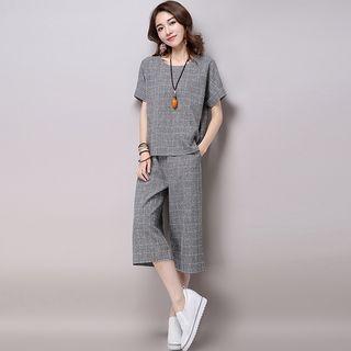Set: Plaid Short-sleeve Shirt + Wide-leg Shorts