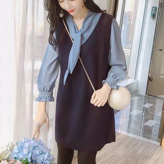 Set: Tie Neck Blouse + V-neck Pinafore Dress