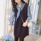 Set: Tie Neck Blouse + V-neck Pinafore Dress
