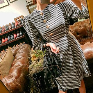 Puff-sleeve Tie-waist Gingham Dress