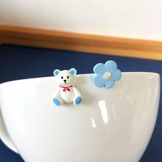 Asymmetrical Bear Flower Stud Earring / Clip-on Earring