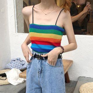 Long-sleeve Plain Cardigan / Rainbow Striped Camisole Top