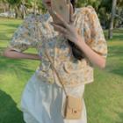Short-sleeve Floral Print Button-up Jacket / Midi Skirt