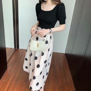 Set: Short-sleeve Scoop-neck Top + Dotted Midi A-line Skirt