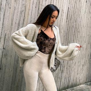 Balloon-sleeve Snap-button Furry Cardigan
