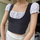 Short Sleeve Mock Two Piece Square-neck Pointelle Panel Crop Top