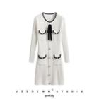 Long-sleeve Midi A-line Knit Dress White - One Size