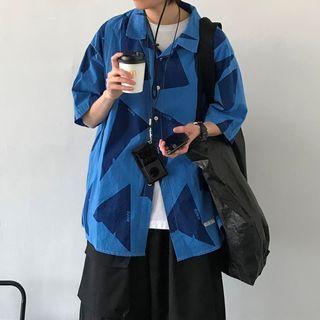 Elbow-sleeve Two-tone Print Shirt