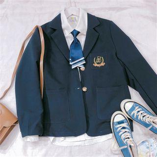 Set: Embroidered Blazer + Tie Blazer - Navy Blue - One Size / Tie - Blue - One Size