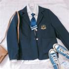 Set: Embroidered Blazer + Tie Blazer - Navy Blue - One Size / Tie - Blue - One Size