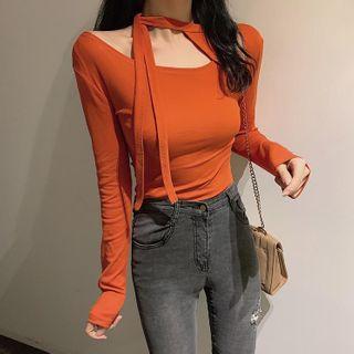 Tie-neck Cutout Long-sleeve T-shirt