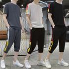 Set: Short-sleeve Contrast Trim T-shirt + Cropped Sweatpants