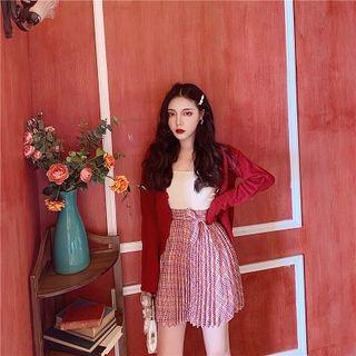 Plain Cardigan / Camisole Top / Plaid Accordion Pleat Mini Skirt