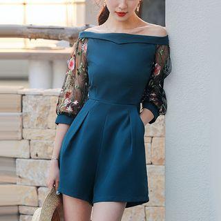 Elbow-sleeve Sheer Panel Off Shoulder Playsuit
