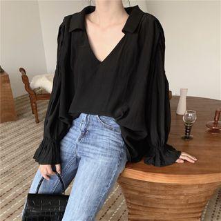 V Neck Plain Long-sleeve Shirt