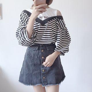Mock Two-piece 3/4-sleeve Inset Off-shoulder Lettering Striped T-shirt