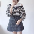 Mock Two-piece 3/4-sleeve Inset Off-shoulder Lettering Striped T-shirt