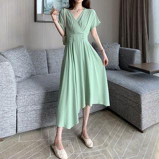 Asymmetric Short-sleeve Wrap Midi A-line Dress