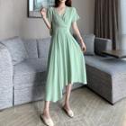Asymmetric Short-sleeve Wrap Midi A-line Dress