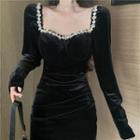 Rhinestone Velvet Long-sleeve Mini Bodycon Dress