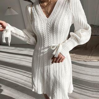 Lace-up Detail Cable-knit Minidress