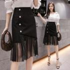 Buttoned Mesh Trim A-line Midi Skirt