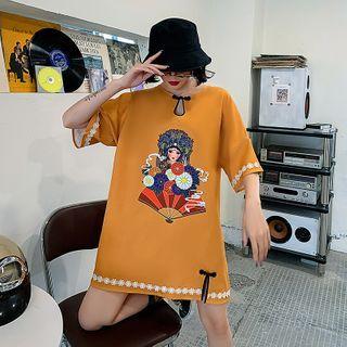 Printed Short-sleeve Frog-button Mini A-line Dress