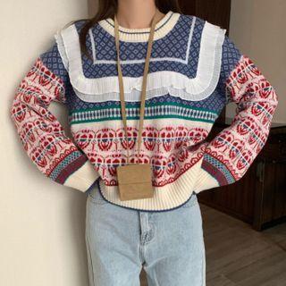 Jacquard Ruffle Sweater Blue & Off White & Red - One Size