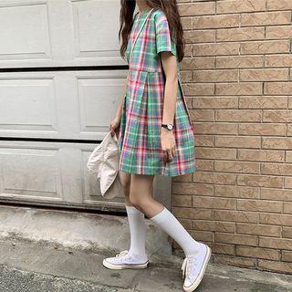 Short Sleeve Checked Shift Dress