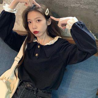 Lace Trim Long Sleeve Blouse As Shown In Figure - One Size