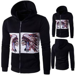 Skull Print Panel Hooded Zip Jacket