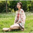 Floral Print Open-front Chiffon Jacket White - One Size