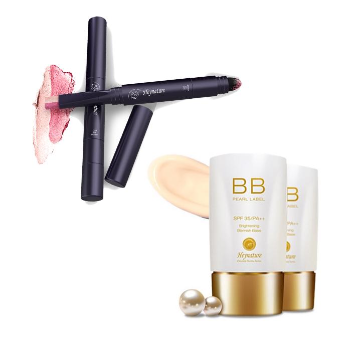 Heynature - Bb Cream Set: Bb Pearl Label Spf 35 Pa++ 40g X 2 Pcs + Dual Eye Shadow (#01 Snowy Peach) 3 Pcs