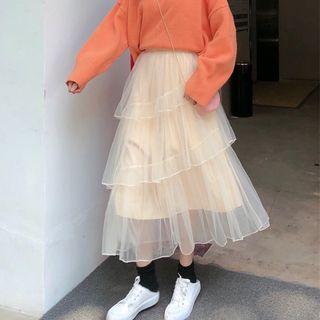 Mesh Midi Tiered Skirt Almond - One Size